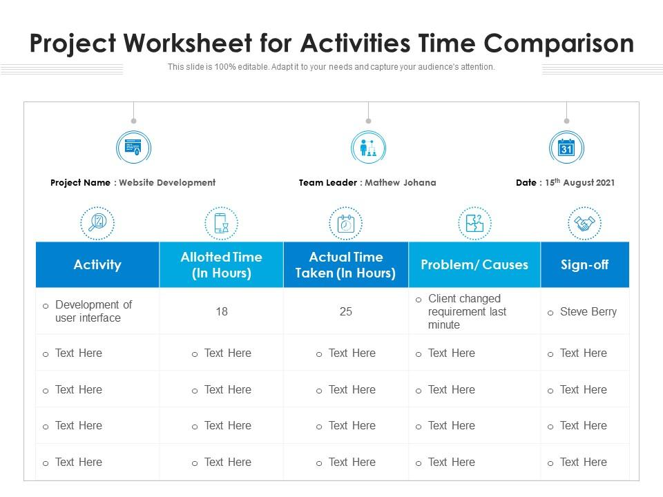 Project Worksheet for Time Comparison PPT Template