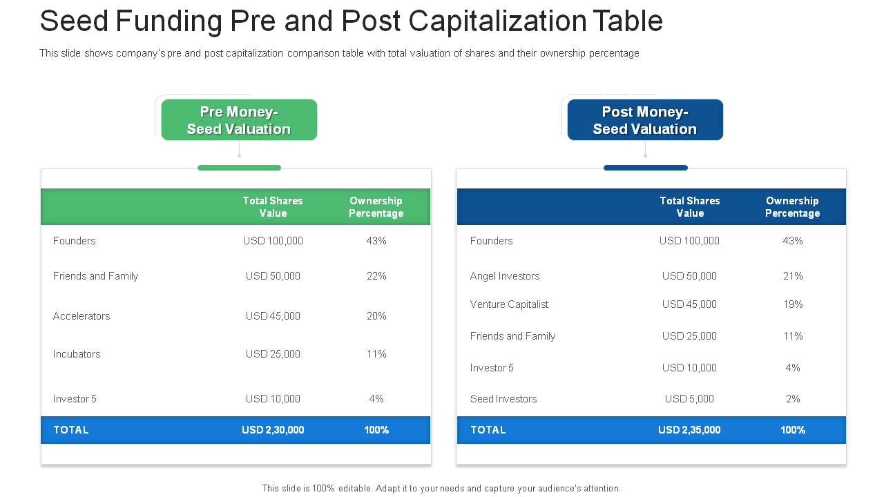 Seed Funding Pre and Post Capitalization Table