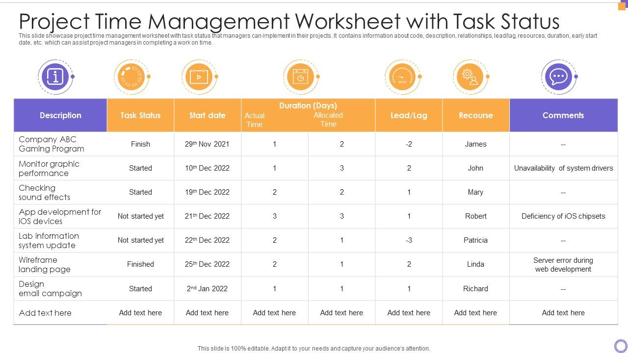 Time Management Project Worksheet PPT Layout