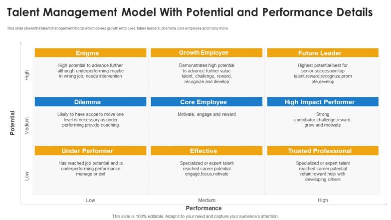 Talent management model with potential and performance details ppt slides slideshow