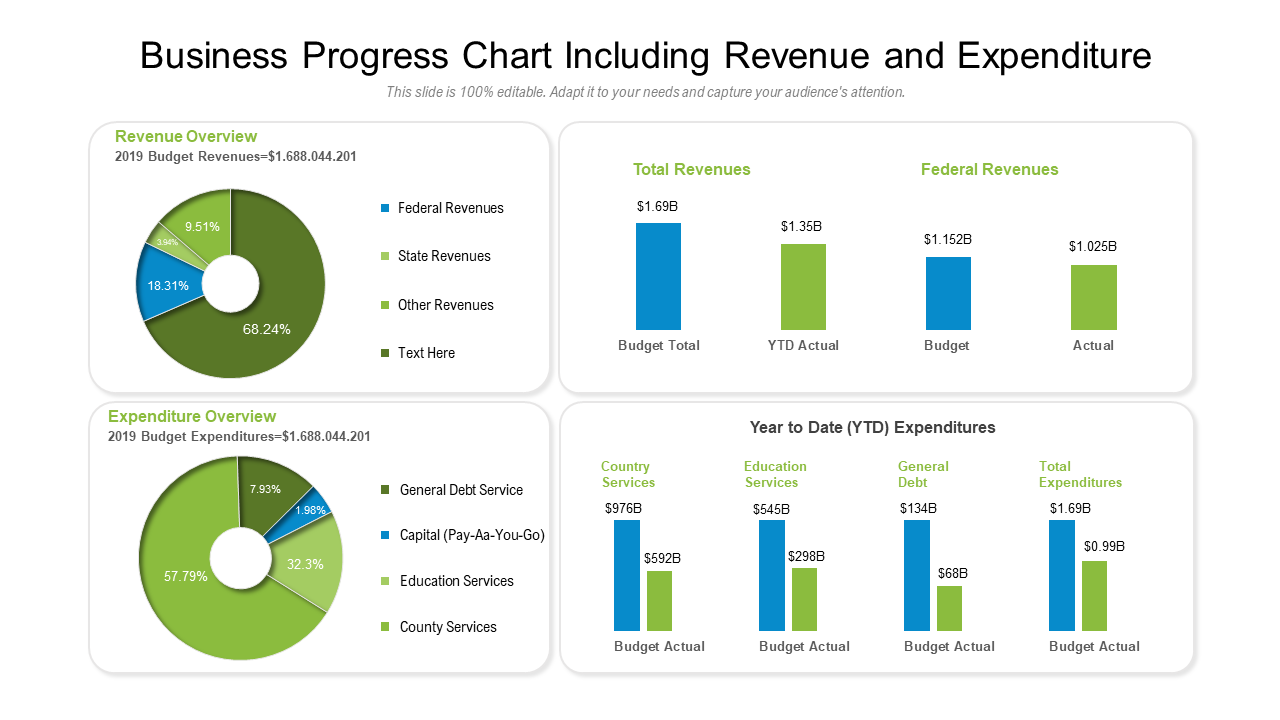 Business Progress Chart Including Revenue Expenditure Presentation