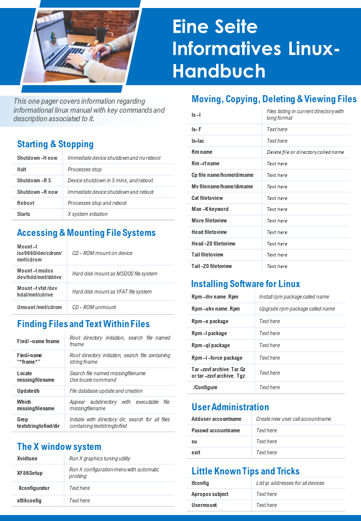 Einseitiges informatives Linux-Handbuch Präsentationsbericht Infografik PPT PDF-Dokument