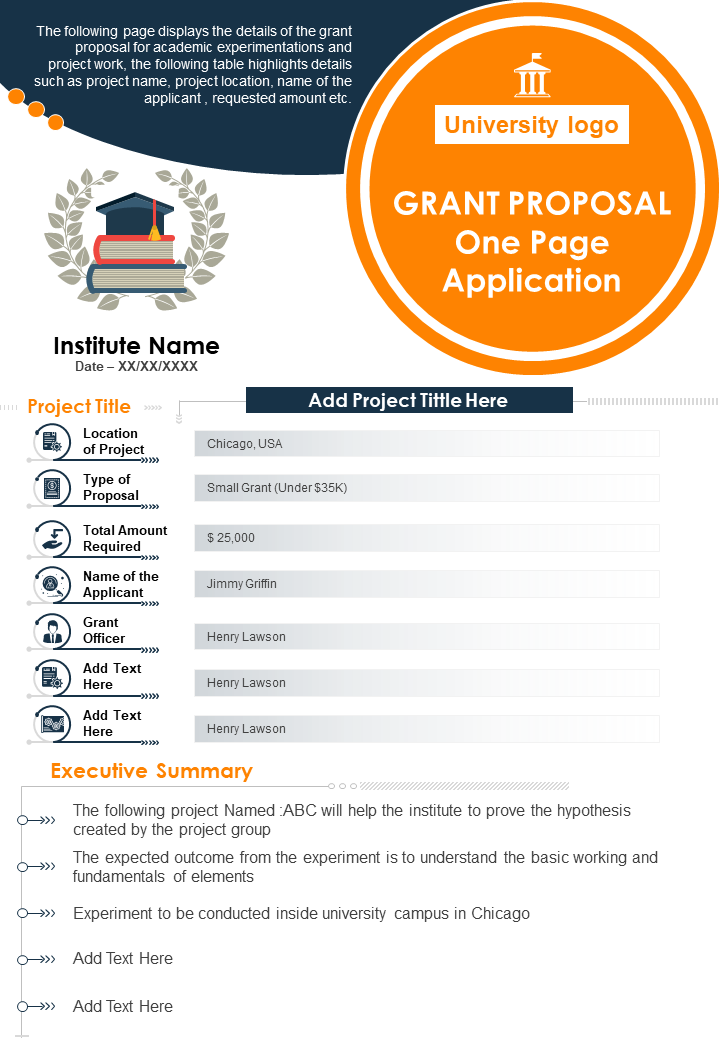 Grant Proposal One Page Application Presentation Report Infographic PPT PDF Document