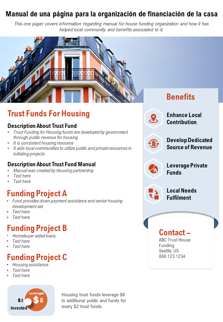 Manual de una página para el informe de presentación de la organización de financiación de la vivienda, documento infográfico PPT PDF