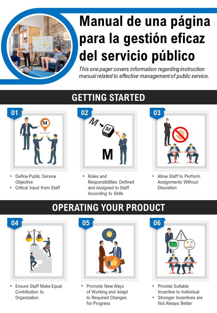 Manual de una página para la gestión eficaz del servicio público presentación informe infográfico PPT PDF documento