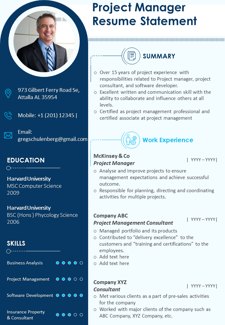 Project Manager Resume Statement Presentation Template