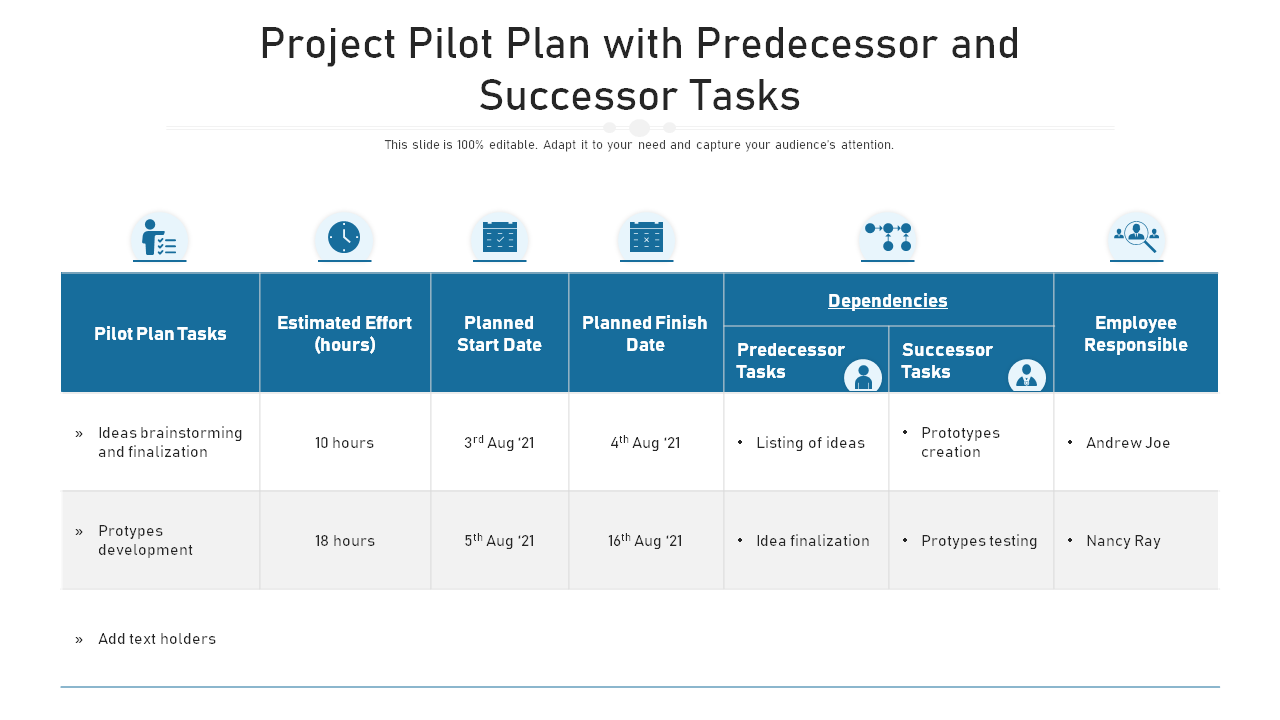Project Pilot Plan with Predecessor and Successor Tasks PPT