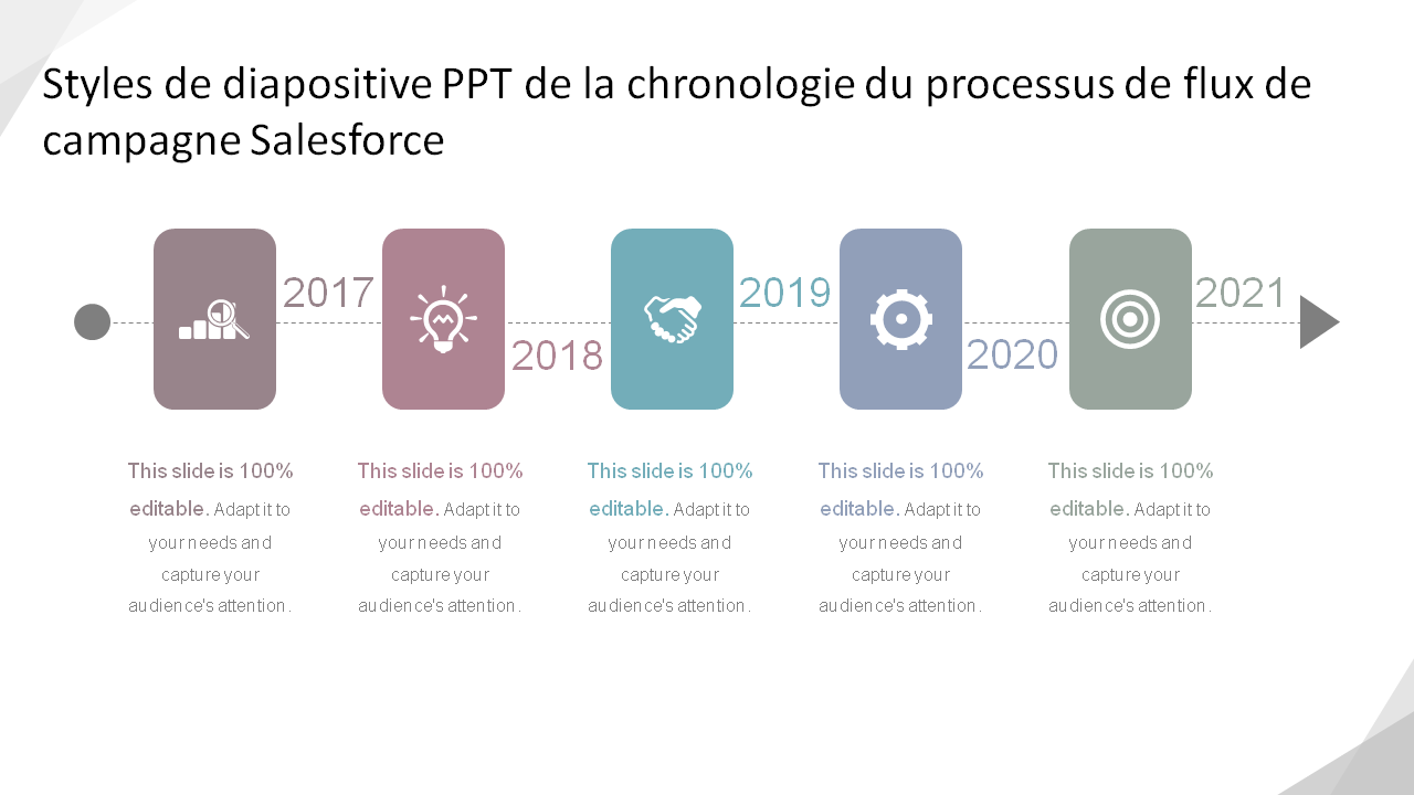 Styles de diapositive PPT de la chronologie du processus de flux de campagne Salesforce
