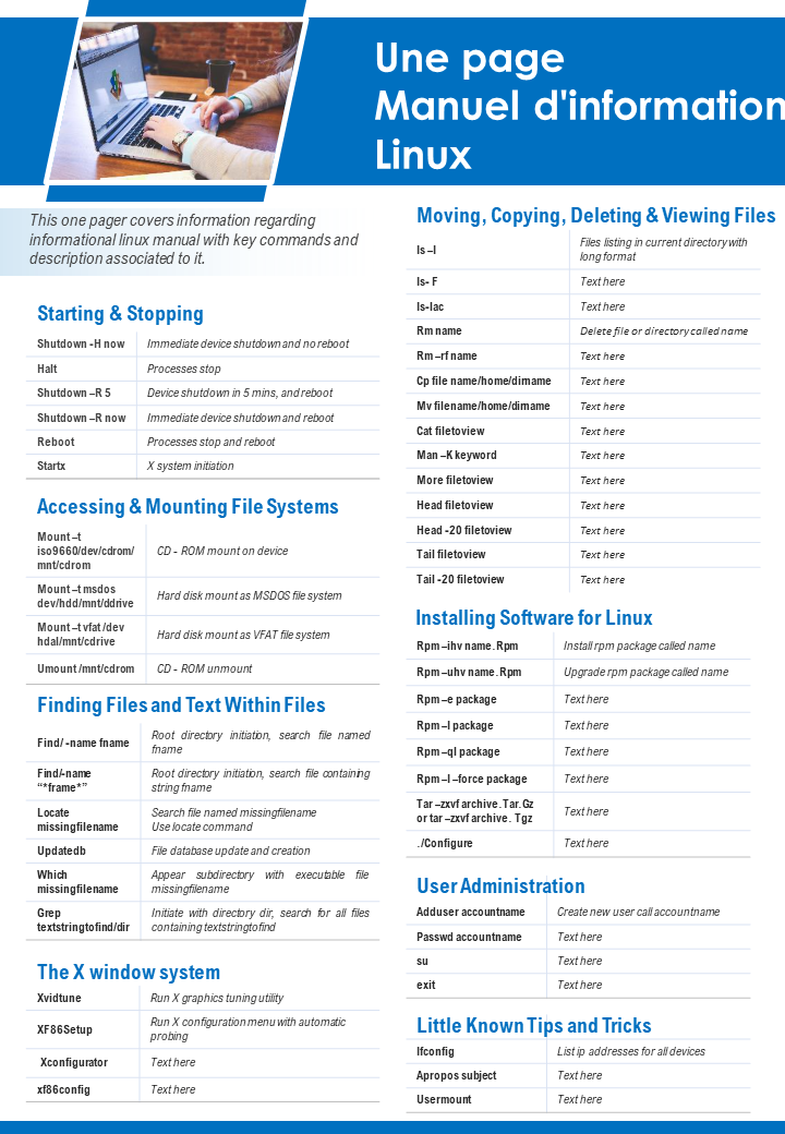 Une page d'information sur le rapport de présentation du manuel linux document infographique PPT PDF