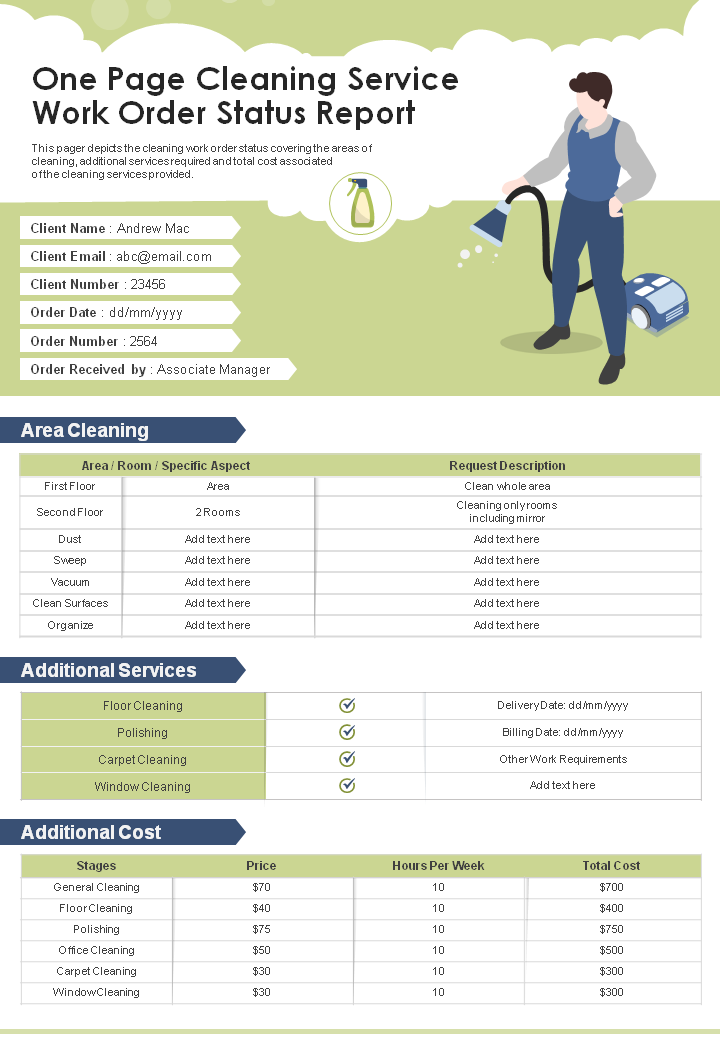 One Page Cleaning Service Work Order Status Report Template
