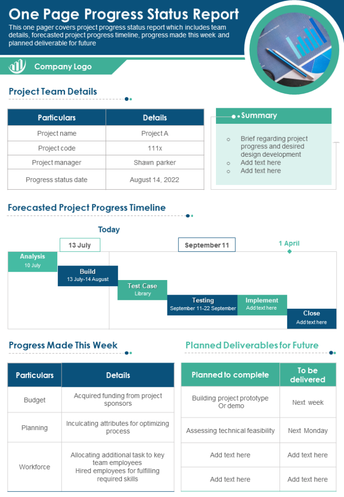 One-page Progress Status Report PPT Slide