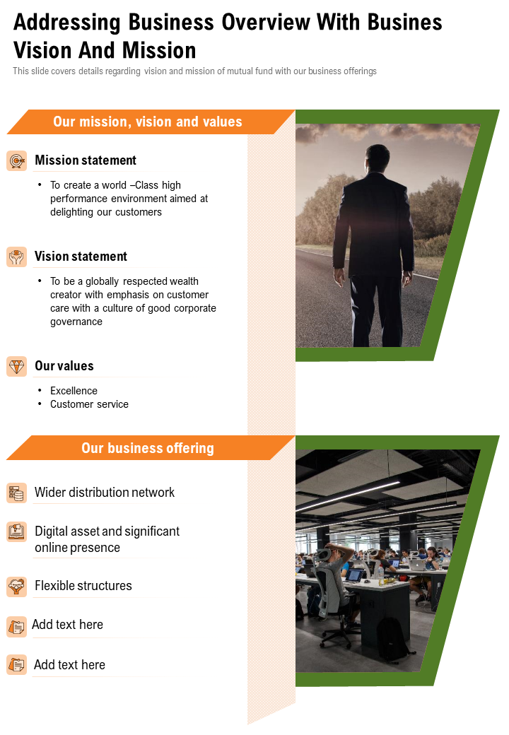 One page addressing business overview with business vision and mission template