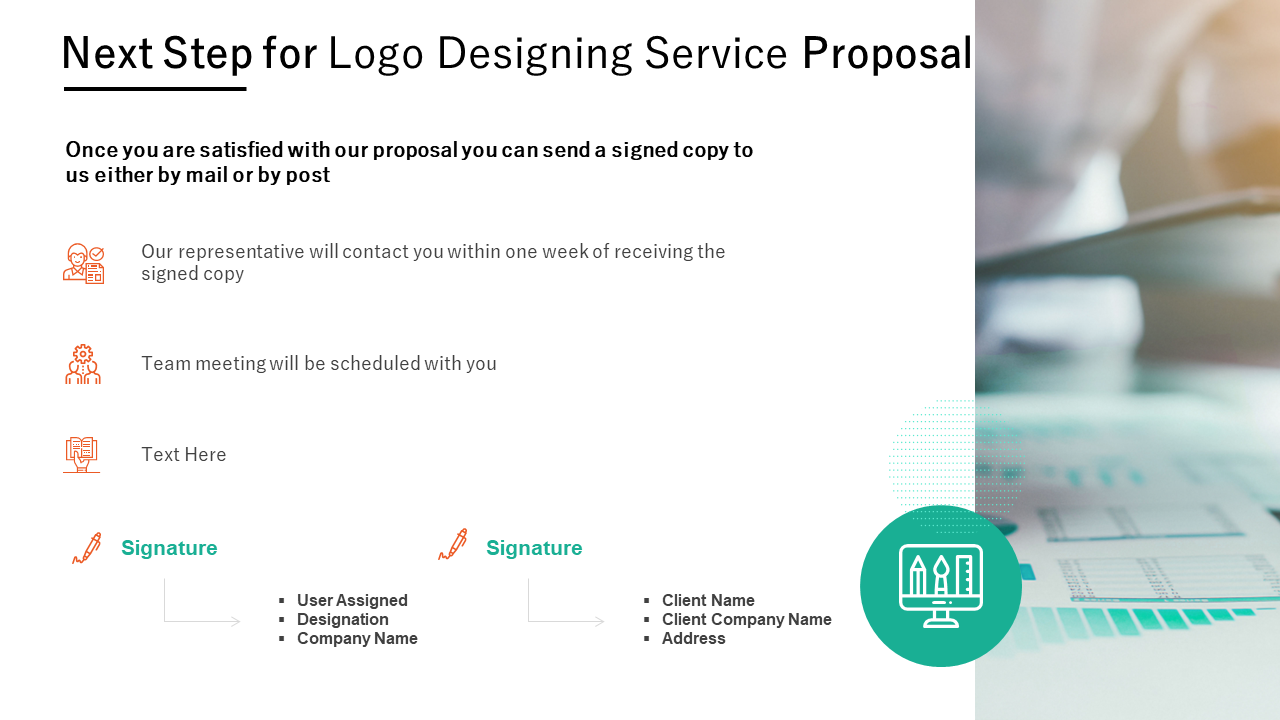 next step for logo designing service proposal ppt powerpoint presentation wd
