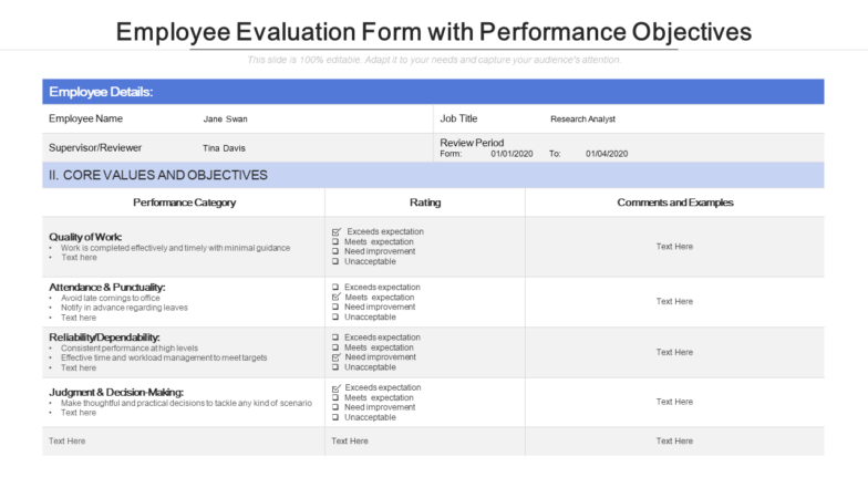 Employee Evaluation Form with Performance Objectives PPT Template