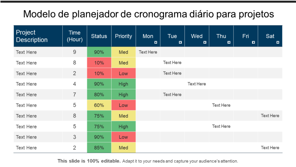 Modelo de planejador de cronograma diário para projetos