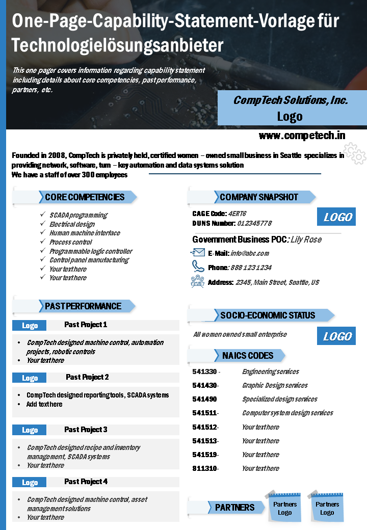 One-Page-Capability-Statement-Vorlage für Technologielösungsanbieter-Bericht Infografik PPT-PDF-Dokument wd 