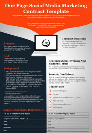 One Page Social Media Marketing Contract Template