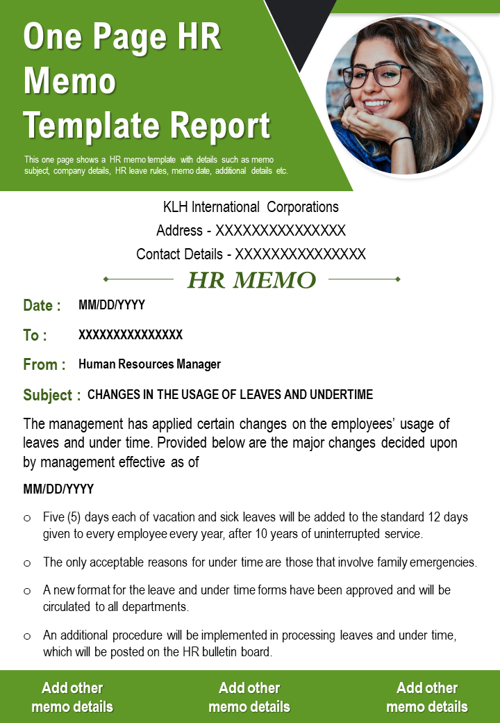 One page HR memo template report presentation report