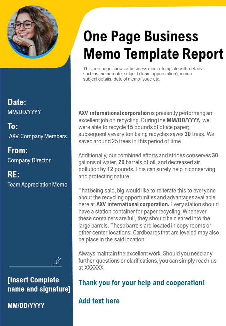 One page business memo template report presentation report
