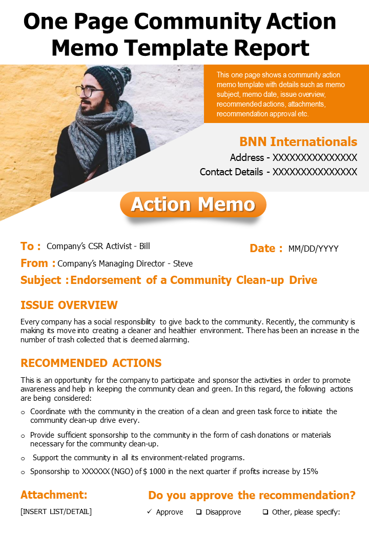 One page community action memo template report presentation report