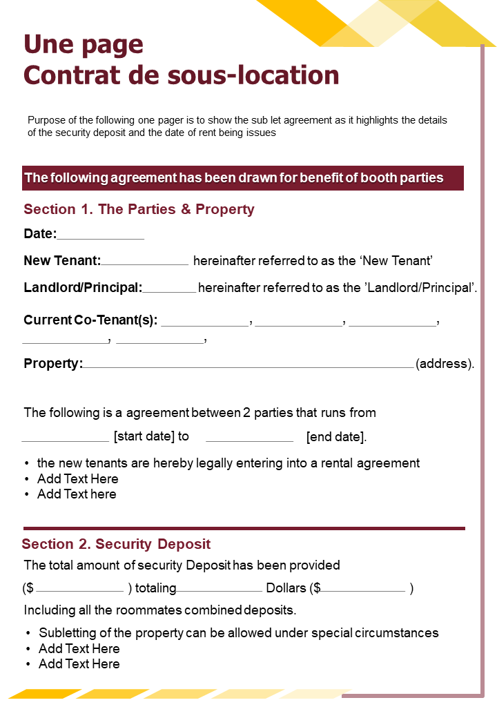 Rapport de présentation du contrat de location de sous-location d'une page document infographique ppt pdf