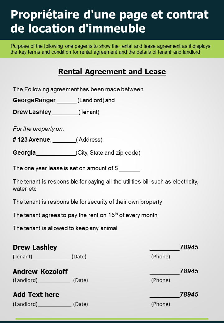 Rapport de présentation du contrat de location d'un propriétaire et d'un immeuble d'une page document infographique ppt pdf