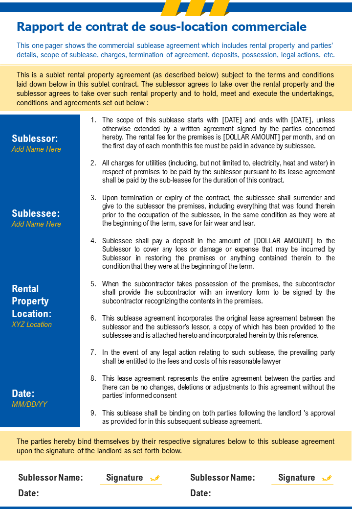 Rapport de présentation du rapport de contrat de sous-location commerciale infographie PPT document PDF