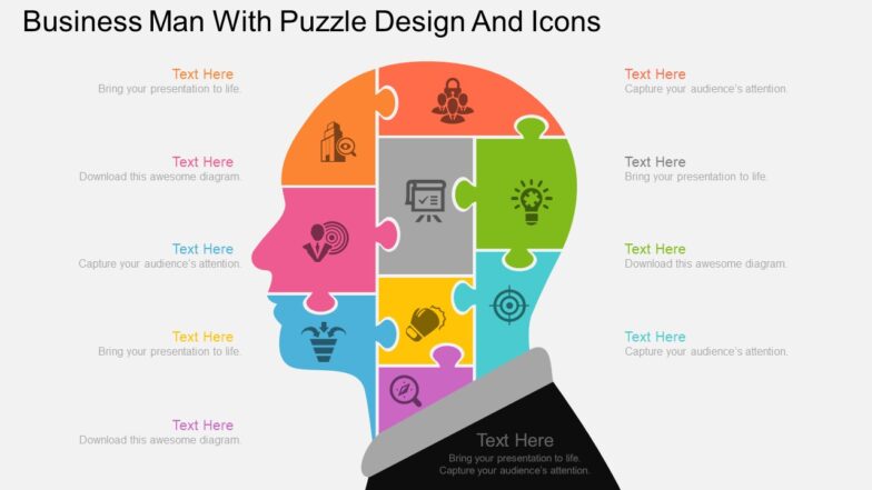 An business man with puzzle design and icons flat powerpoint design An business man with puzzle design and icons flat powerpoint design