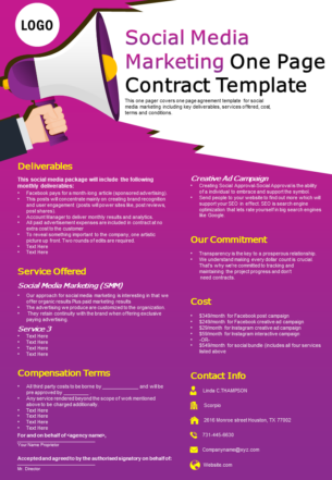 Social Media Marketing One Page Contract PPT Template