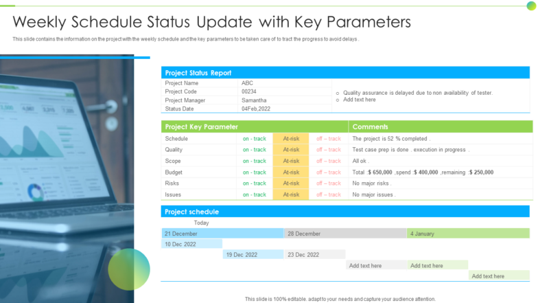 Weekly Schedule Status Update with Key Parameters PPT Template