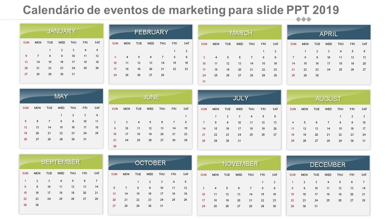 calendário de eventos de marketing para 2019 ppt slide wd 