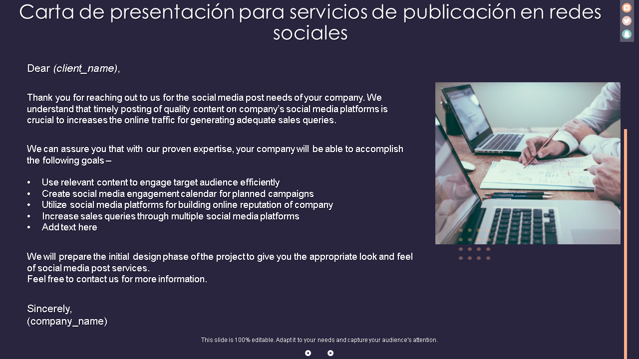 Plantilla PPT de carta de presentación de servicios de publicaciones en redes sociales