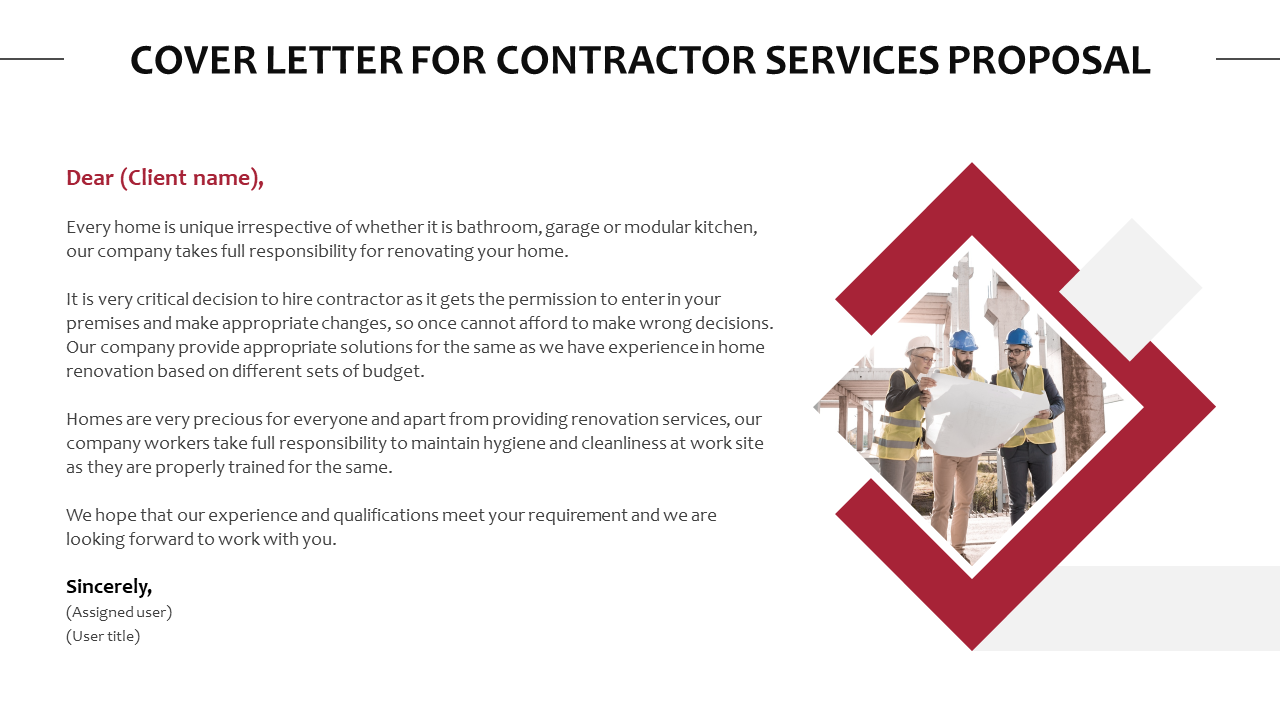 Cover letter for contractor services proposal ppt powerpoint slide