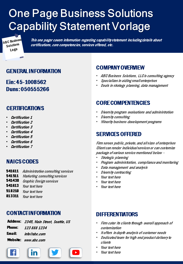eine Seite Business Solutions Capability Statement Vorlage Präsentationsbericht Infografik PPT PDF Dokument wd 