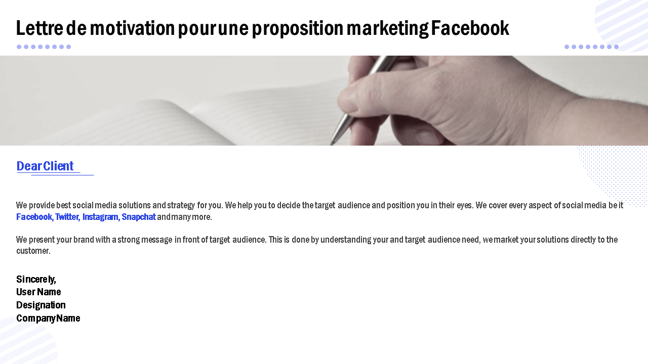 Lettre de motivation pour le modèle PPT de proposition de marketing Facebook