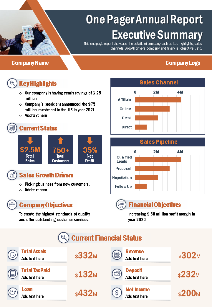 one pager annual report executive summary presentation report infographic ppt pdf document wd 