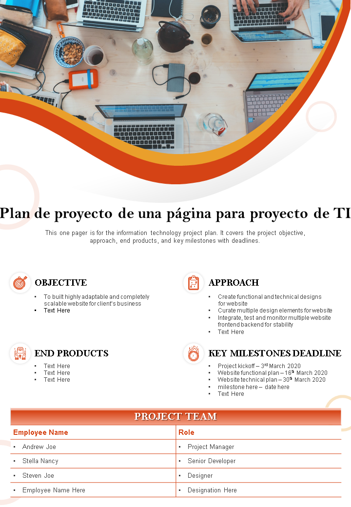plan de proyecto de una página para el informe de presentación del proyecto infográfico ppt documento pdf wd 