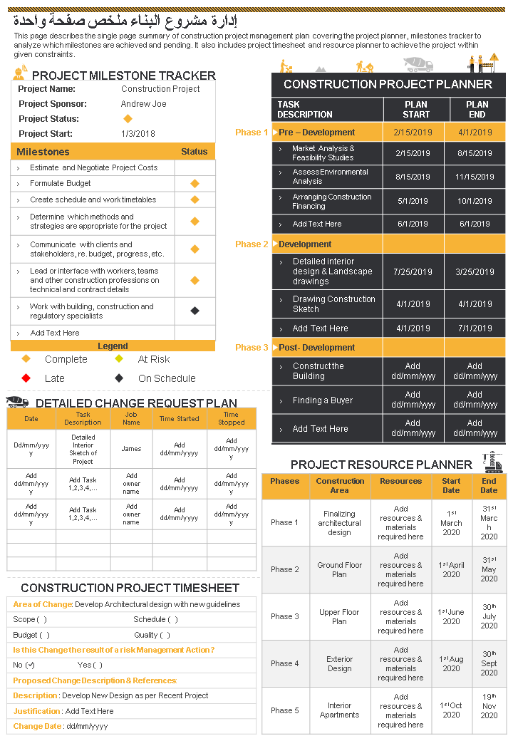 إدارة مشروع البناء صفحة واحدة ملخص عرض تقرير Infographic ppt pdf document wd 