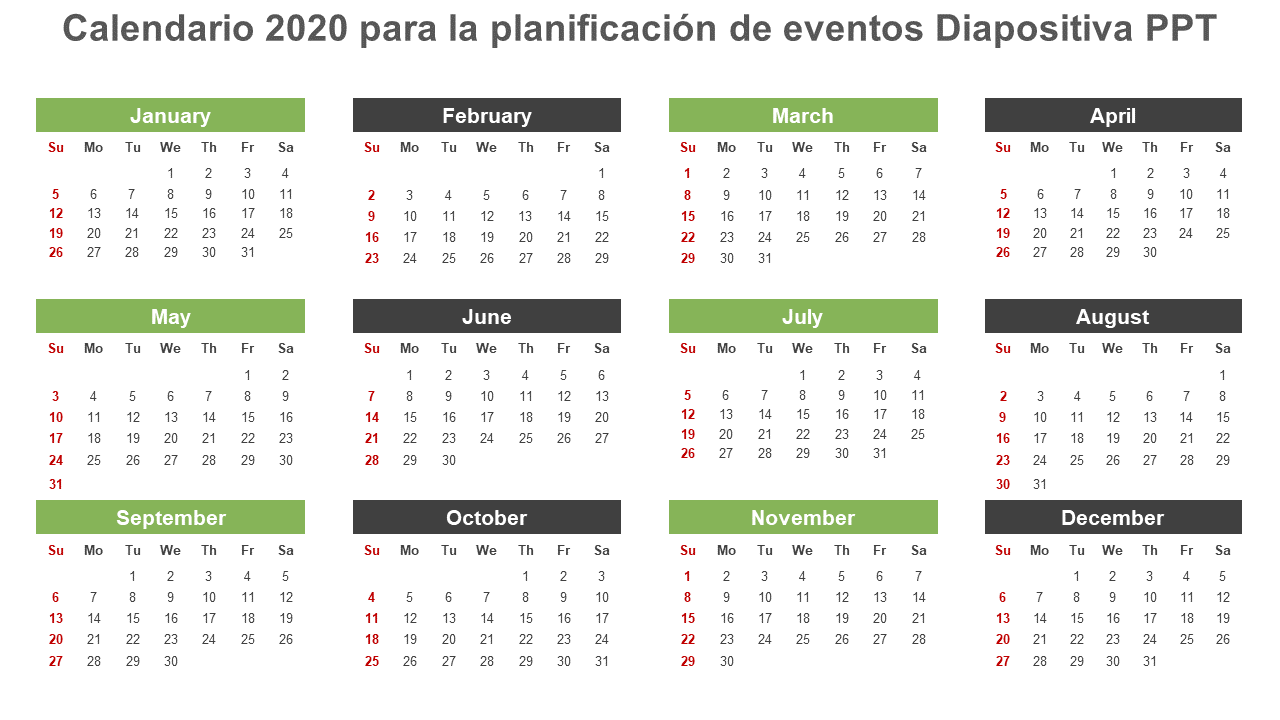 calendario 2020 para la planificación de eventos ppt slide wd