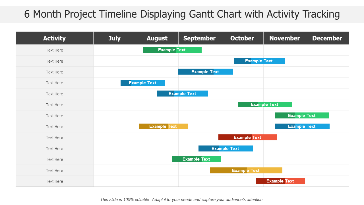 6 Month Project Timeline Displaying Gantt Chart with Activity Tracking PPT Template