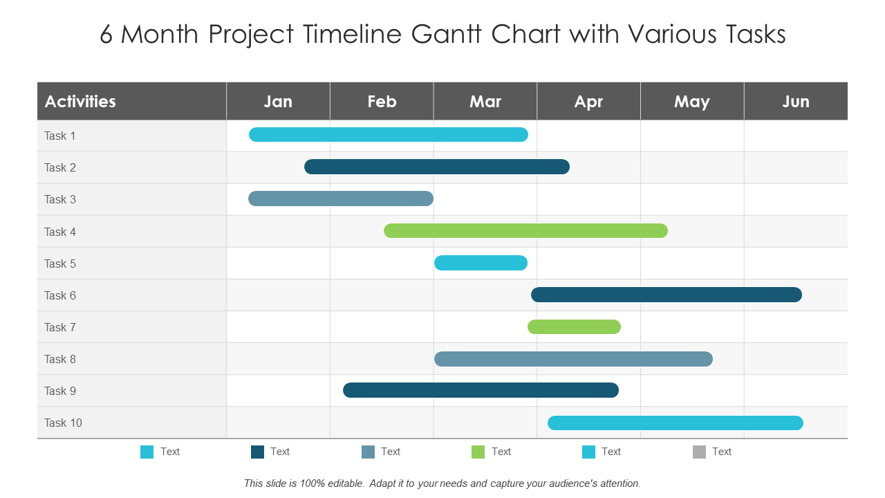 6 Month Project Timeline Gantt Chart with Various Tasks PPT Template