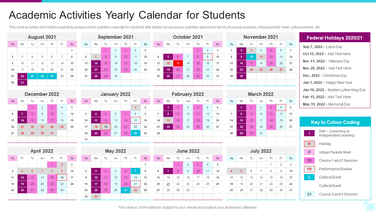 Academic Activities Yearly Calendar for Students
