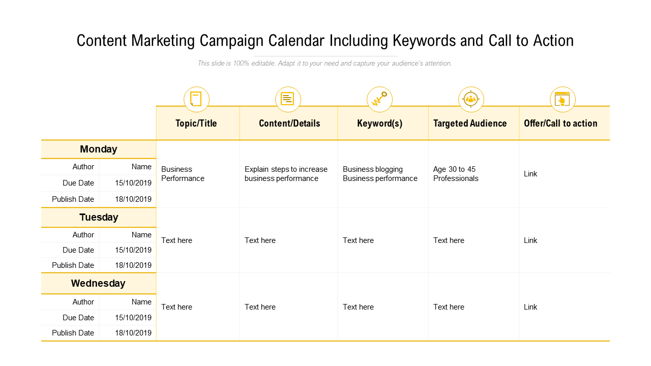 Content Marketing Campaign Calendar Including Keywords and Call to Action