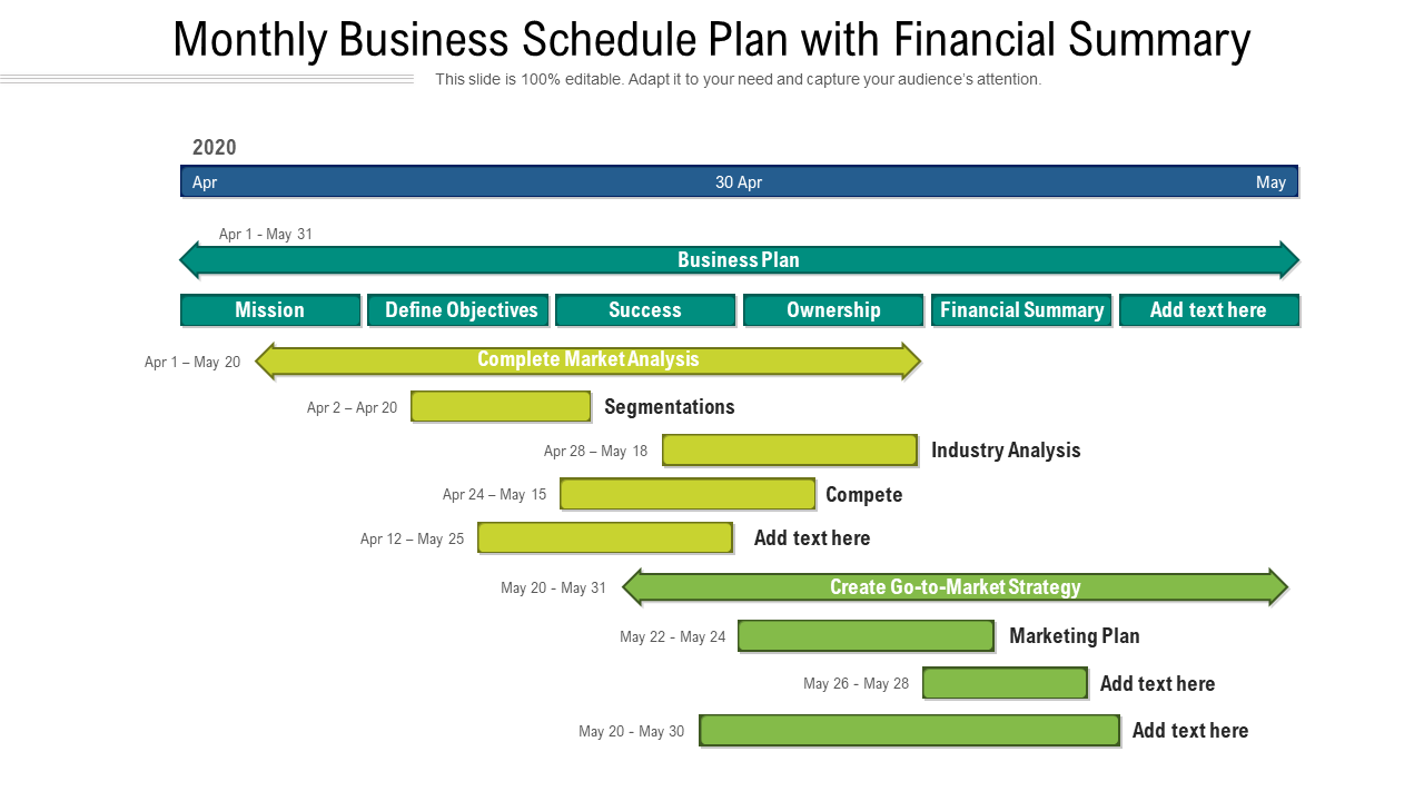 Monthly Business Schedule Plan with Financial Summary