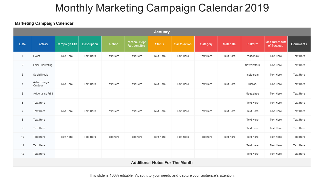 Monthly Marketing Campaign Calendar 2019