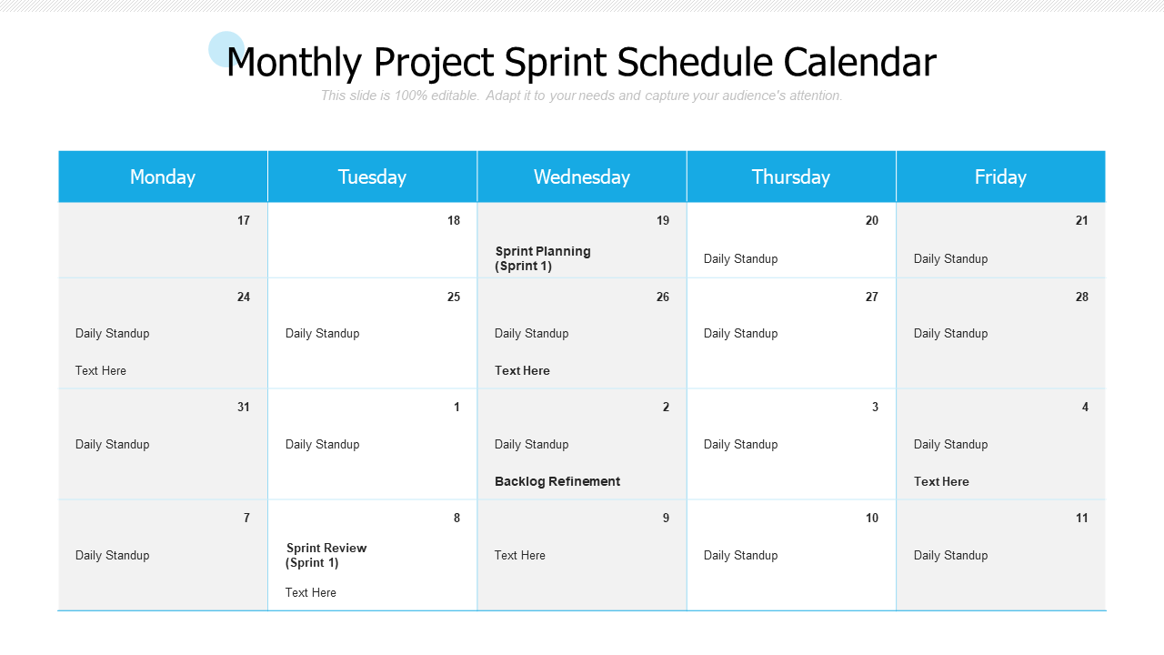 Monthly project sprint schedule calendar