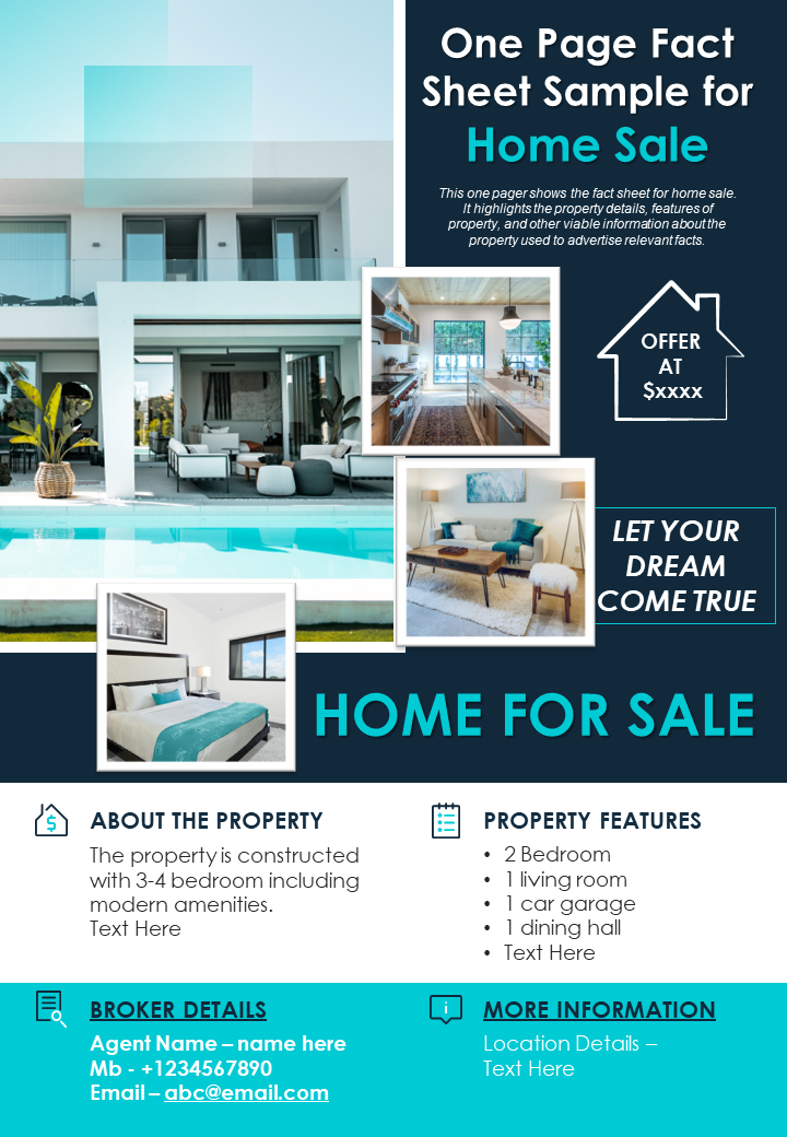 One Page Fact Sheet Sample for Home Sale Presentation Report Infographic PPT PDF Document