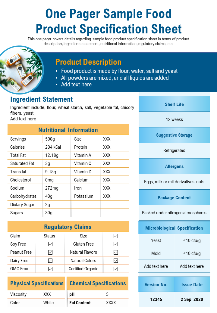 One Pager Sample Food Product Specification Sheet Presentation Report Infographic PPT PDF Document