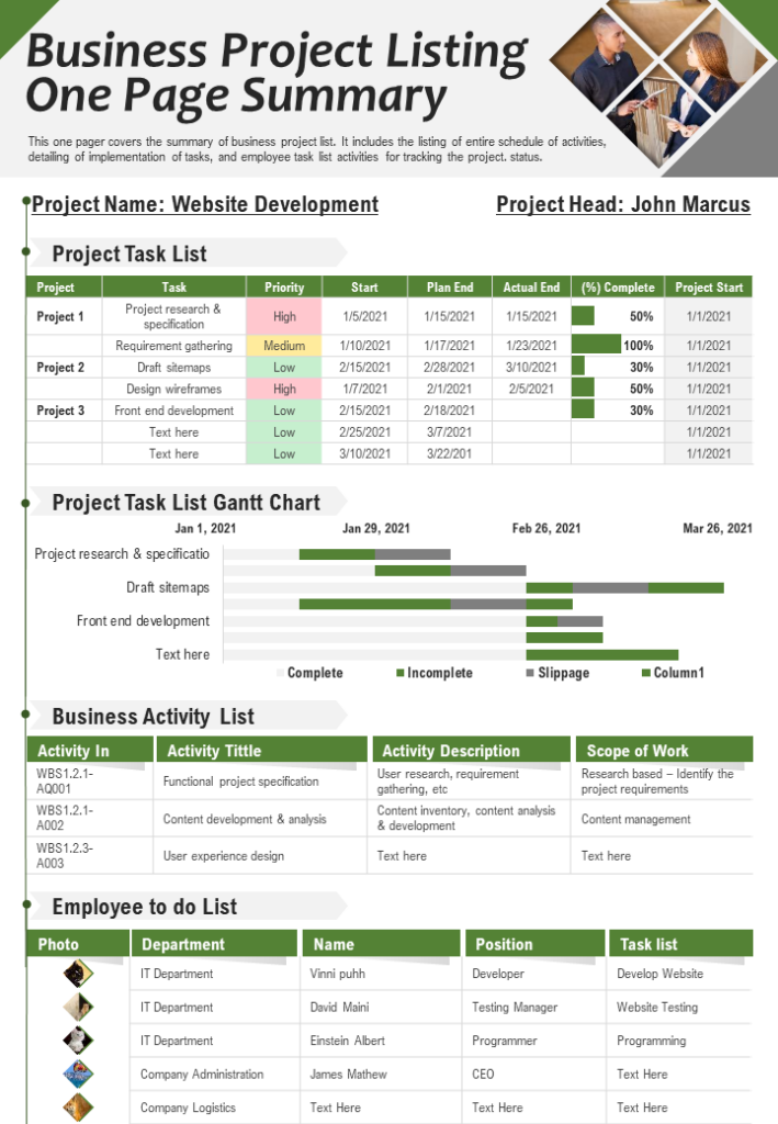 One-page Project List Summary PowerPoint Template