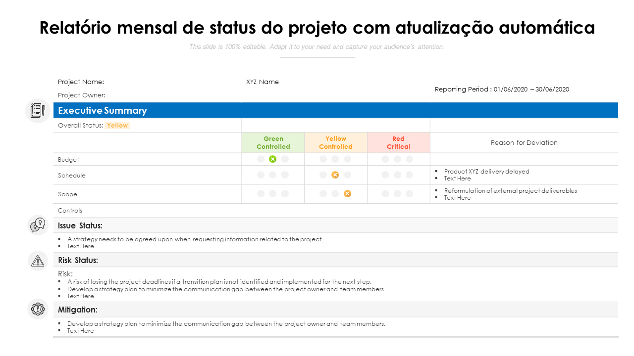 Relatório mensal de status do projeto com atualização automática 